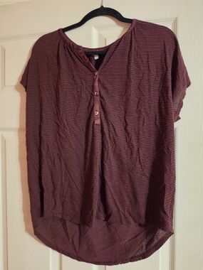 Lucky Brand Burgundy and Black Striped Henley Top